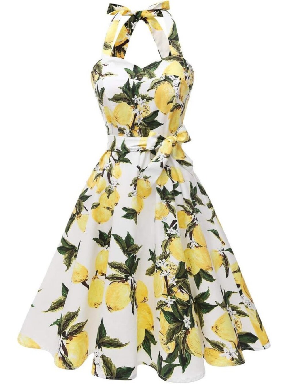 Women's Vintage Polka Audrey 1950s Halter Retro Cocktail Dress-02white Lemon
